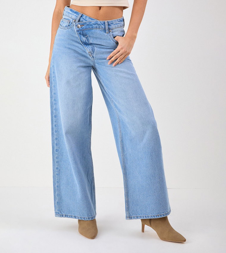 Asymmetric Waist Denim Wide Leg Jeans