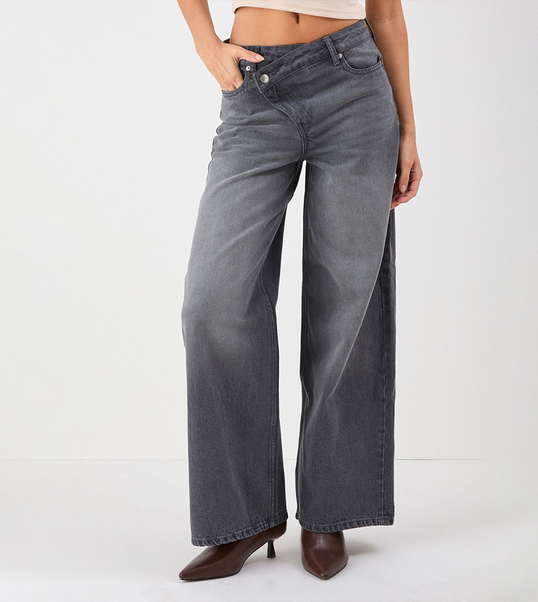 Asymmetric Waist Denim Wide Leg Jeans