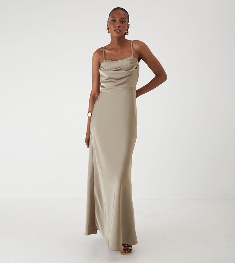 Satin Ruched Strappy Maxi Dress