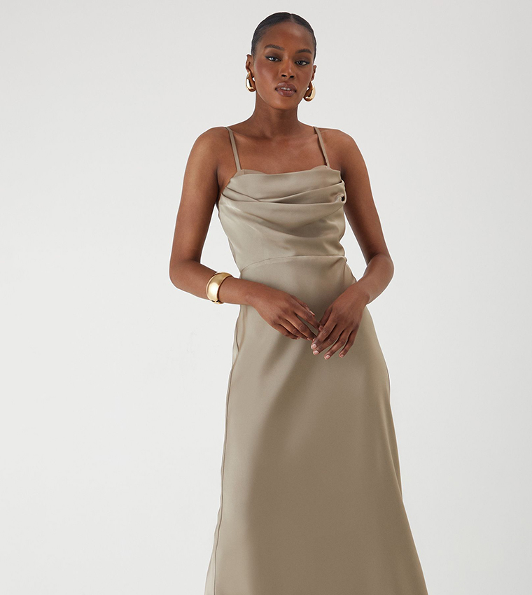 Satin Ruched Strappy Maxi Dress