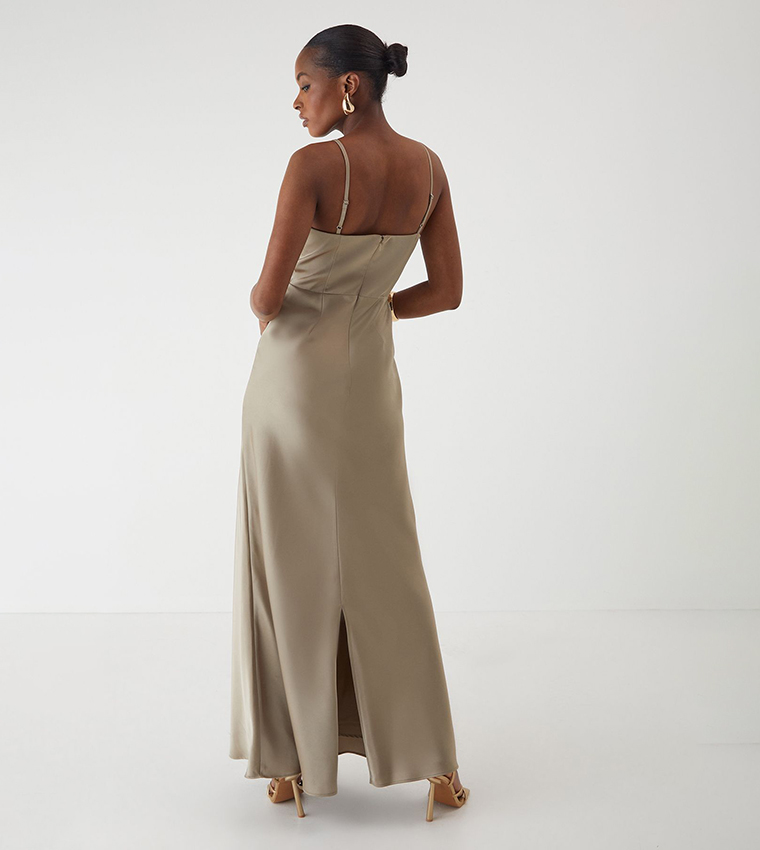 Satin Ruched Strappy Maxi Dress