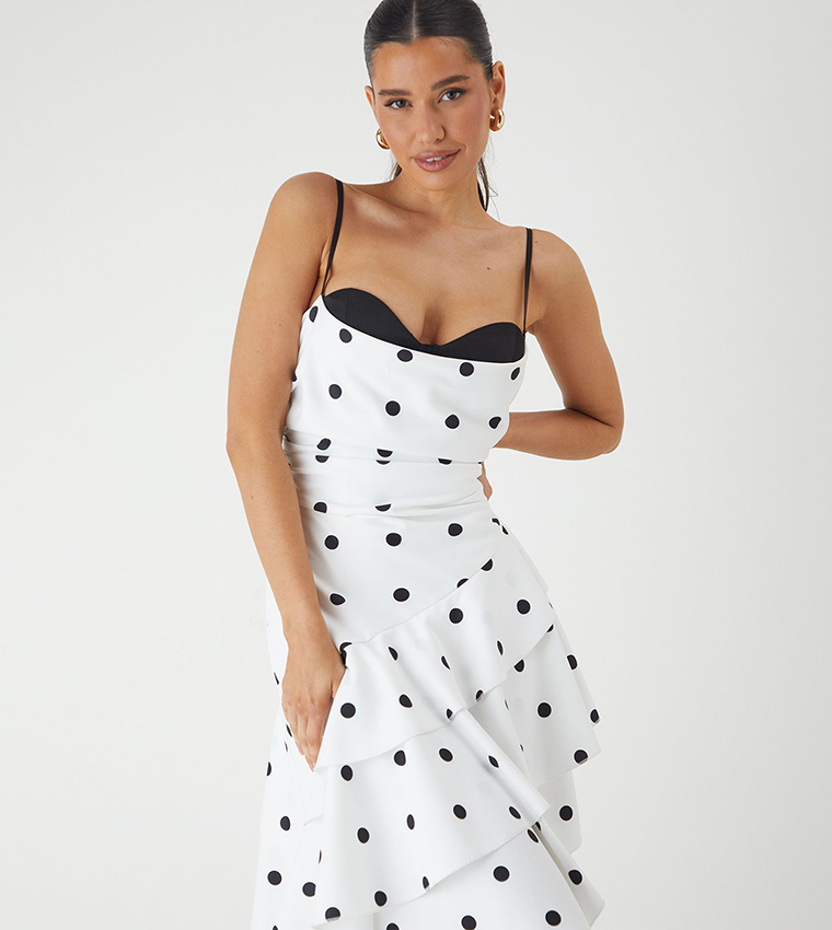 Polka Dots Layered Frill Midi Dress