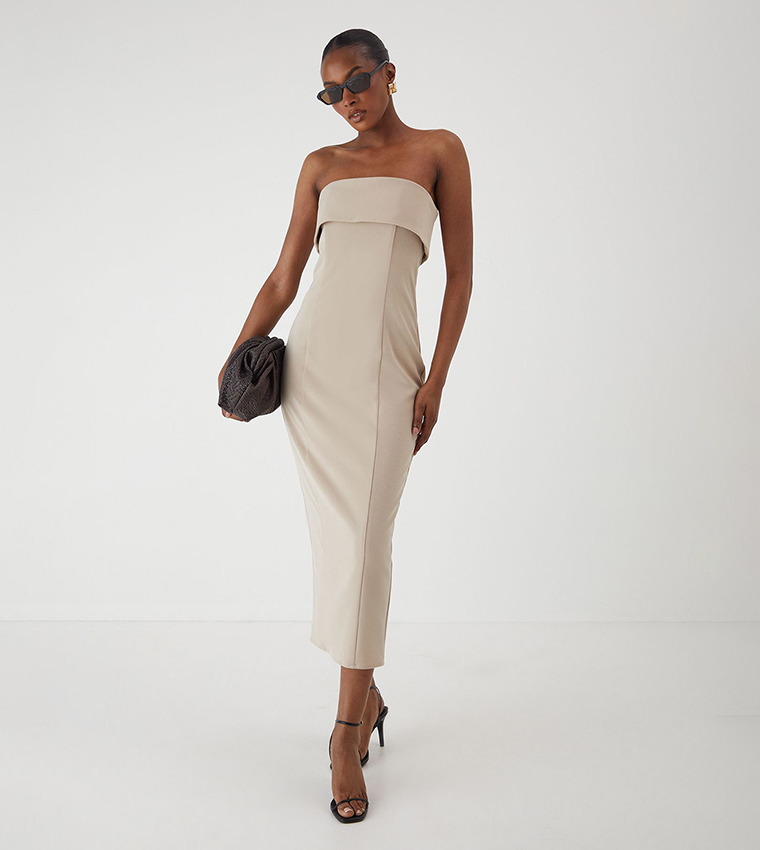 Solid Bandeau Fold Over Midaxi Dress