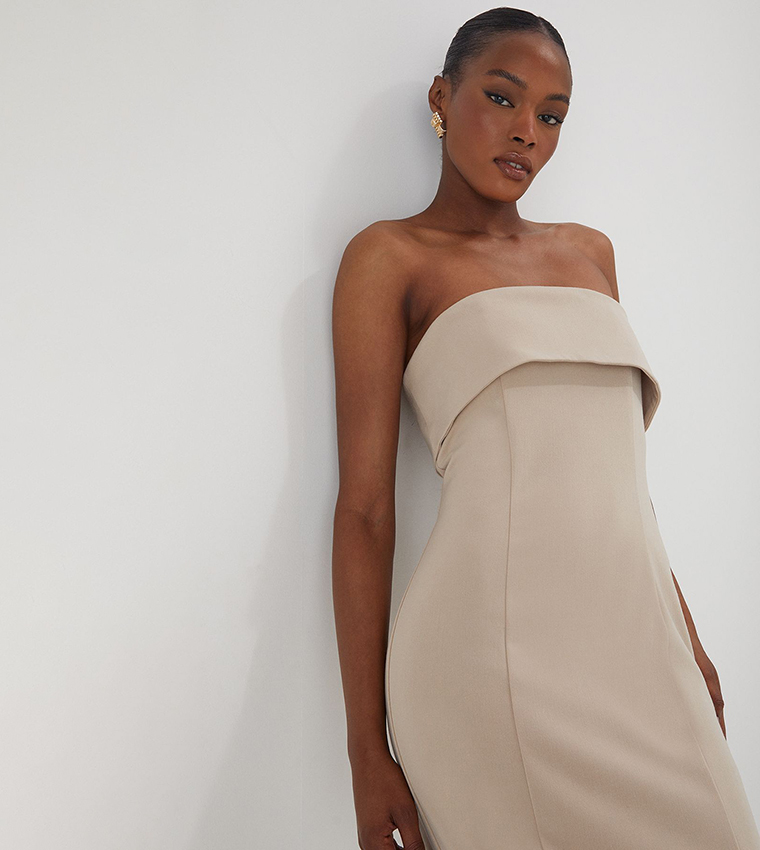 Solid Bandeau Fold Over Midaxi Dress