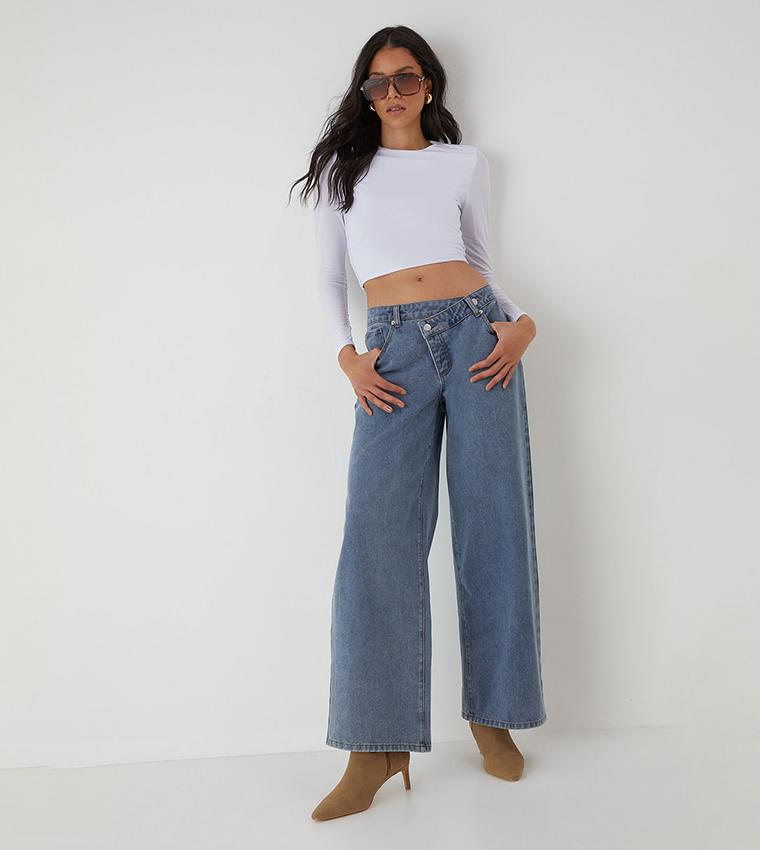 Asymmetric Washed Wide Leg Jeans