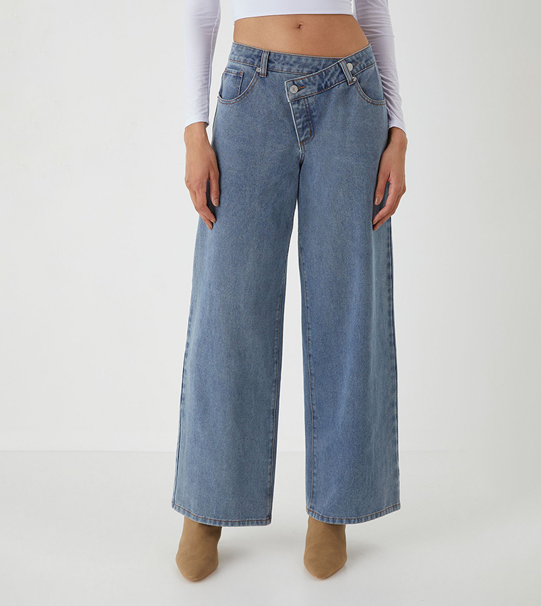 Asymmetric Washed Wide Leg Jeans