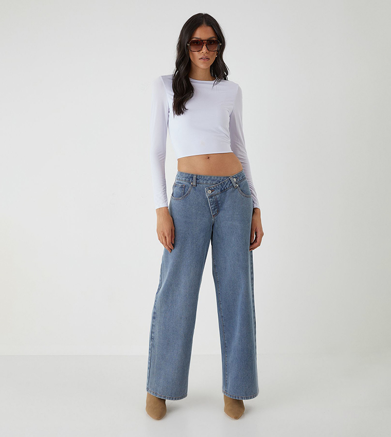 Asymmetric Washed Wide Leg Jeans