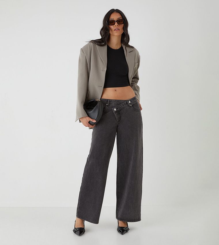 Asymmetric Washed Wide Leg Jeans