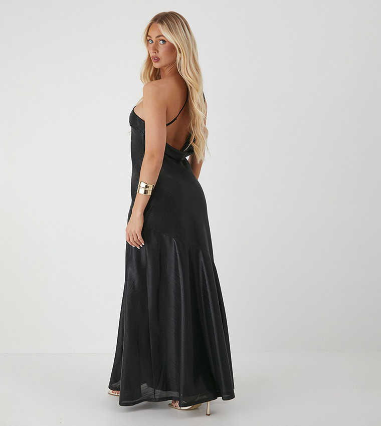 Asymmetric Neck Metallic Maxi Dress