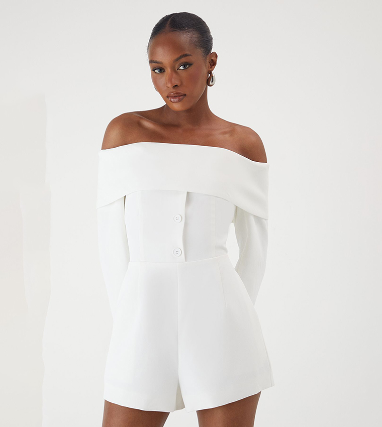 Bardot Fold Over Detail Button Playsuit
