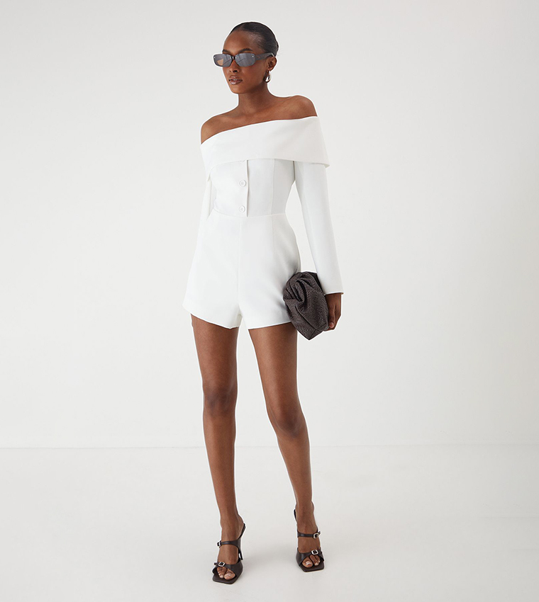 Bardot Fold Over Detail Button Playsuit