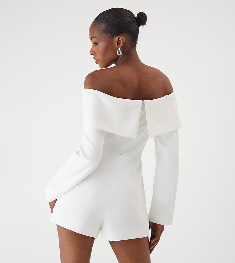 Bardot Fold Over Detail Button Playsuit