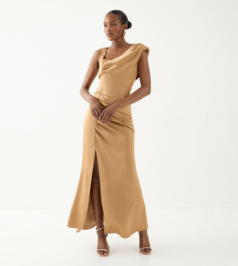 Satin Ruched Drape Bridesmaid Maxi Dress
