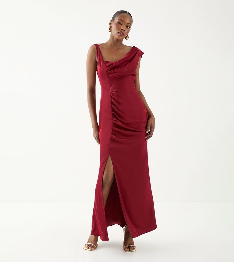 Satin Ruched Drape Bridesmaid Maxi Dress