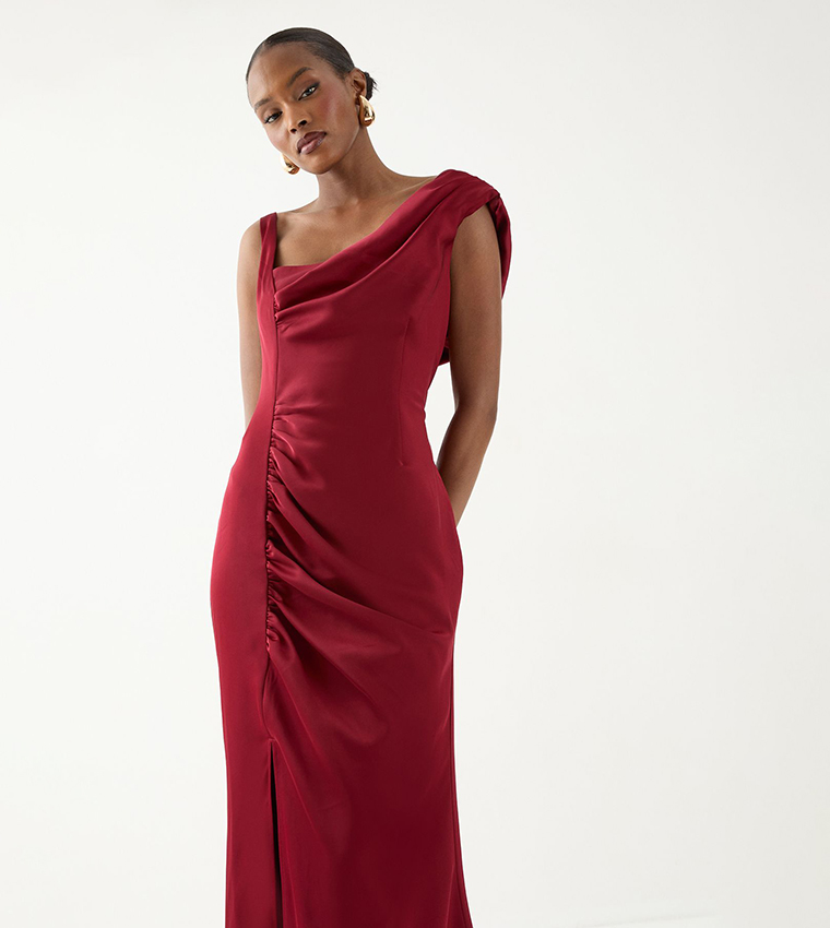 Satin Ruched Drape Bridesmaid Maxi Dress