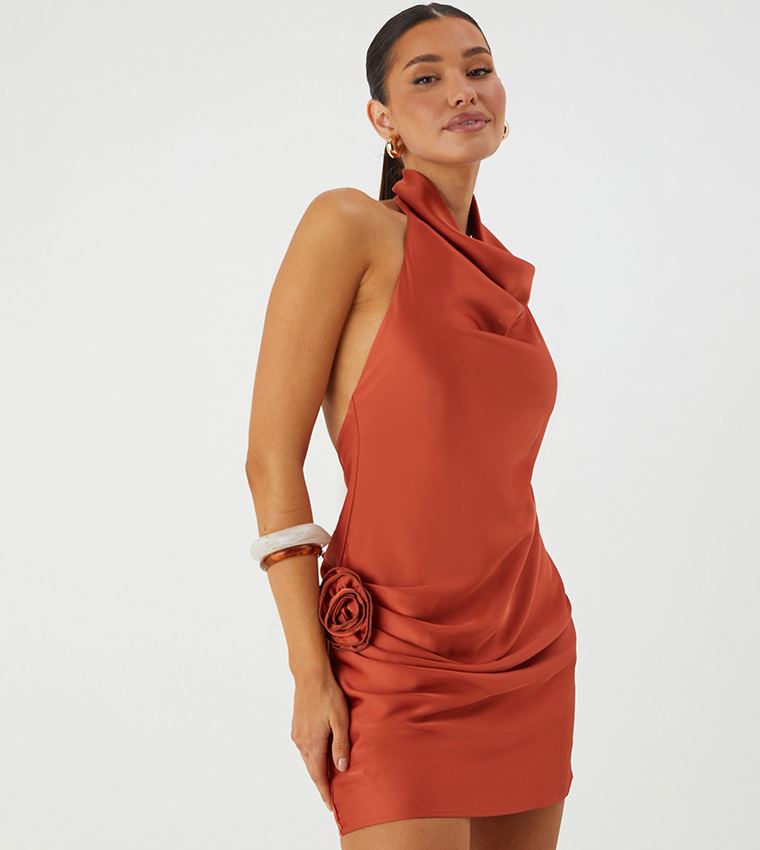 Satin Cowl Corsage Drape Mini Dress