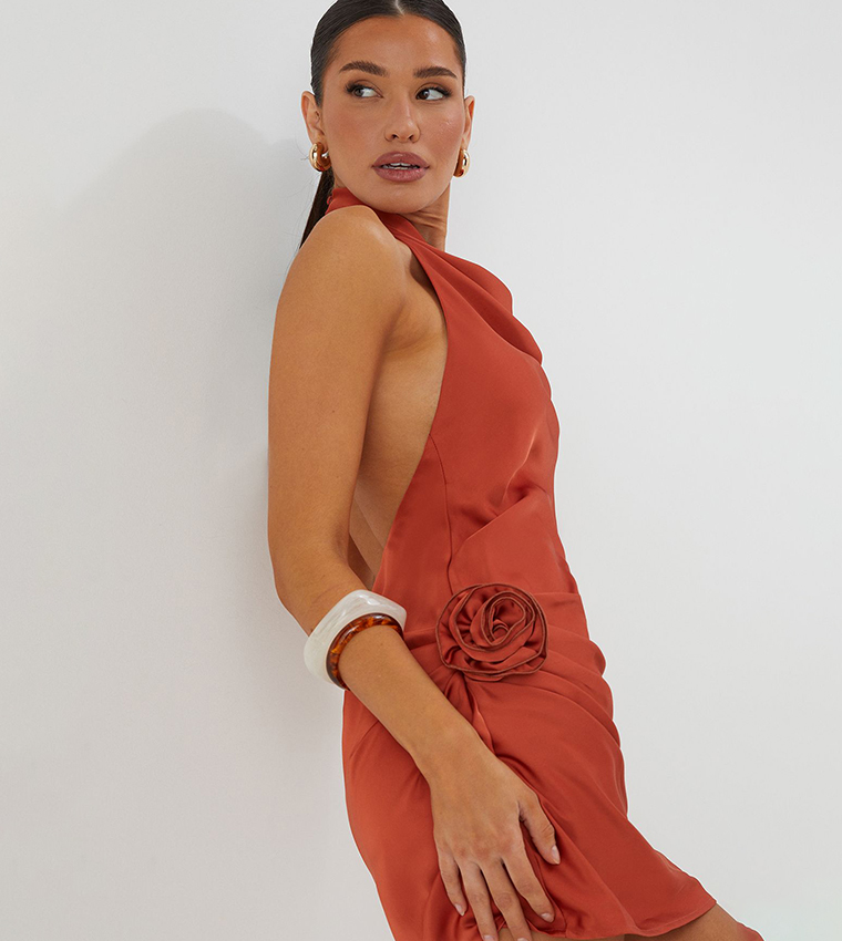 Satin Cowl Corsage Drape Mini Dress