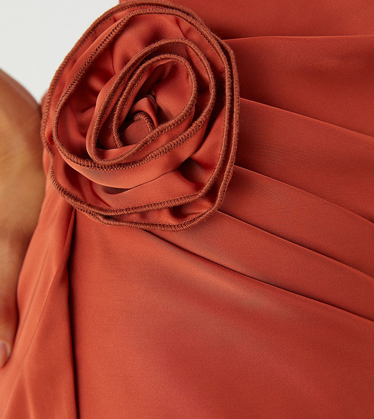 Satin Cowl Corsage Drape Mini Dress