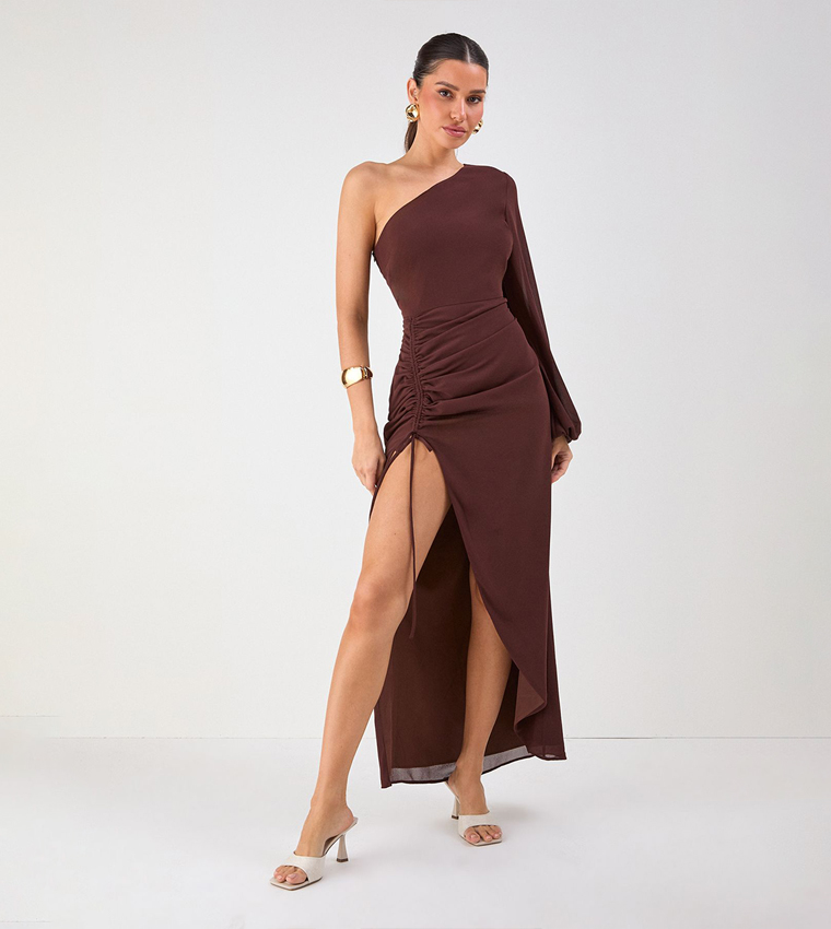 One Shoulder Ruched Detail Maxi Dress