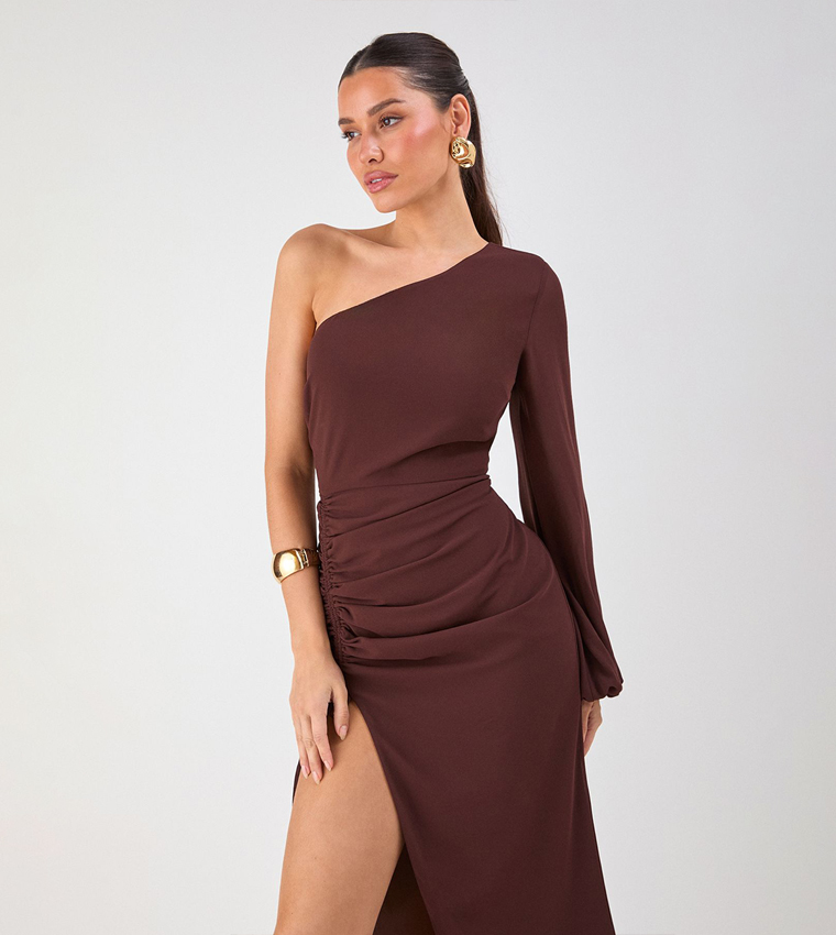 One Shoulder Ruched Detail Maxi Dress