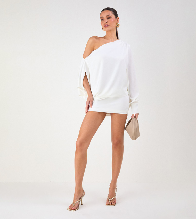 Solid One Shoulder Satin Mini Dress