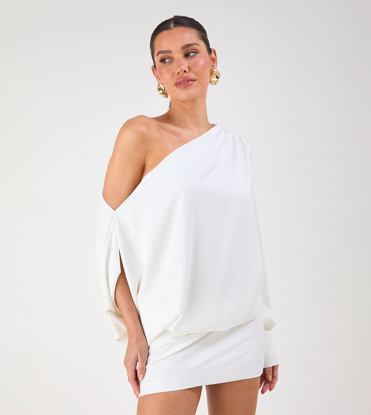 Solid One Shoulder Satin Mini Dress