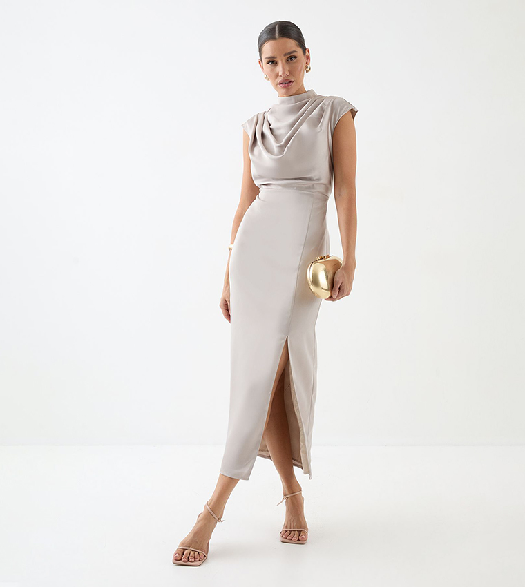 Solid Drape Neck Detail Midi Dress