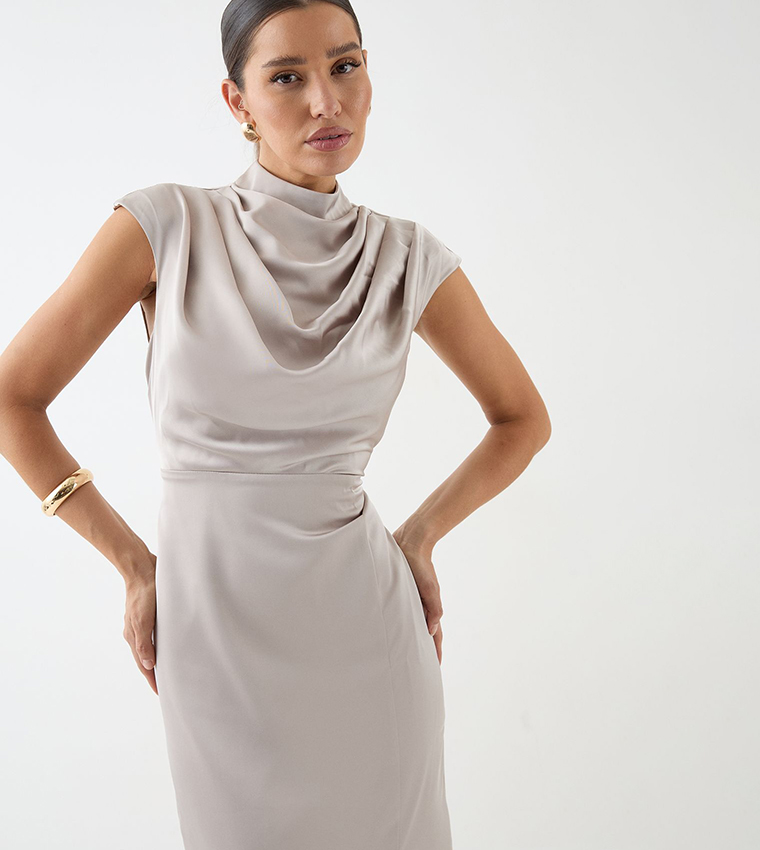 Solid Drape Neck Detail Midi Dress