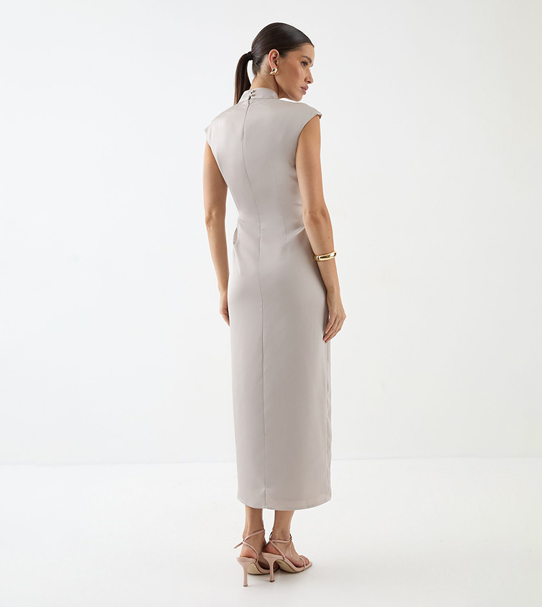Solid Drape Neck Detail Midi Dress