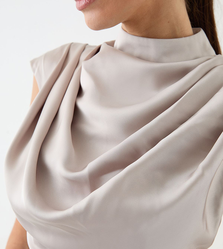 Solid Drape Neck Detail Midi Dress