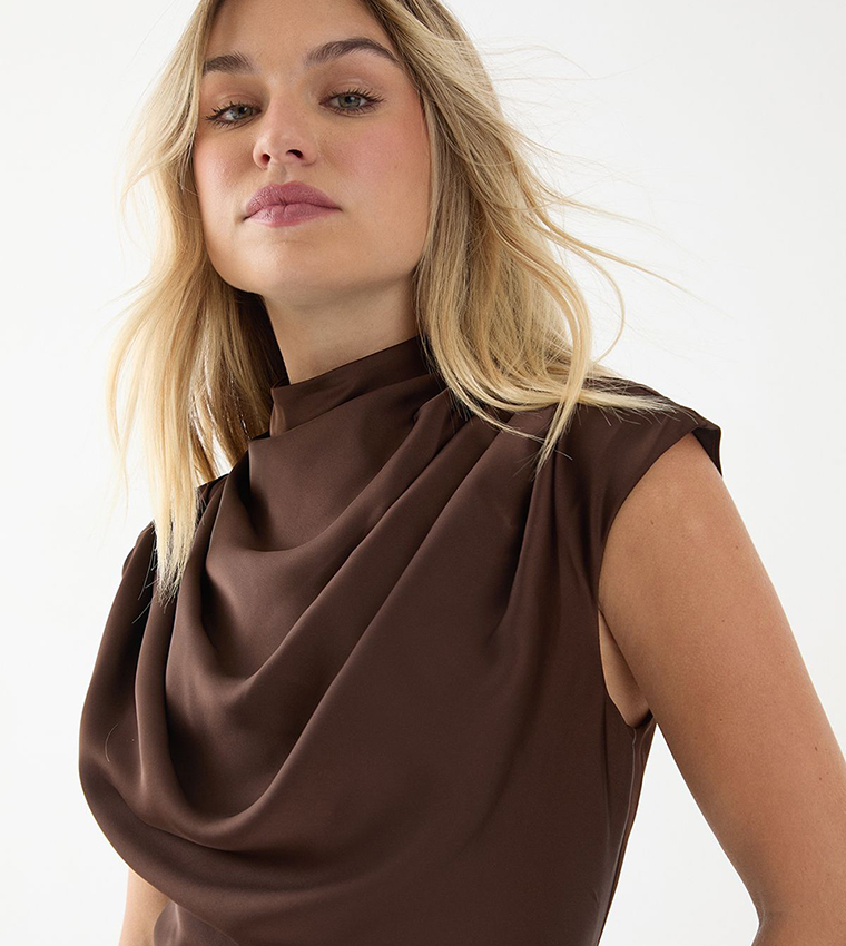 Solid Drape Neck Detail Midi Dress