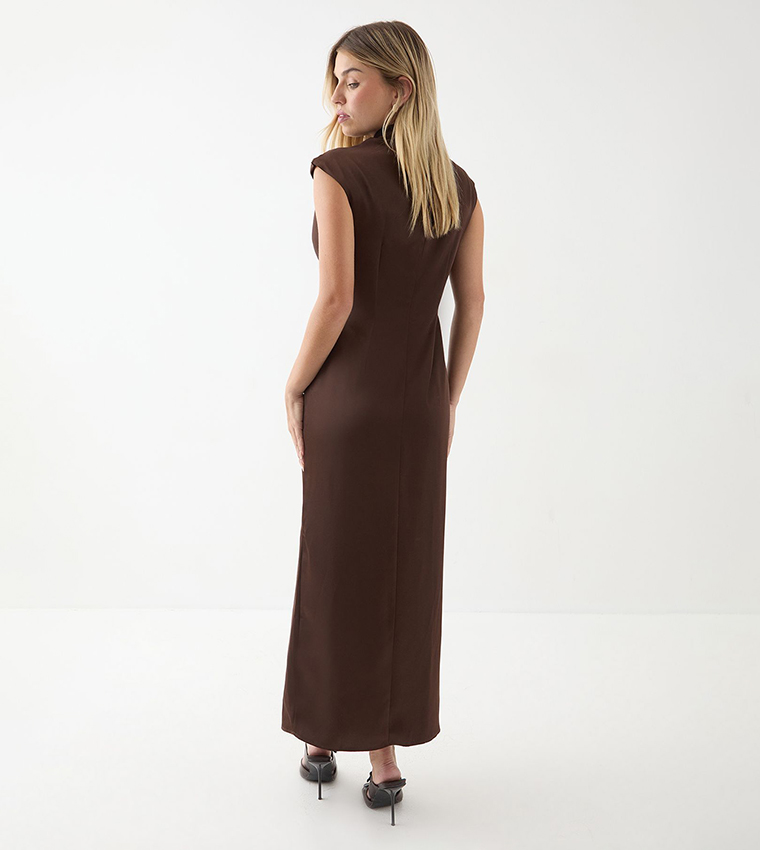 Solid Drape Neck Detail Midi Dress