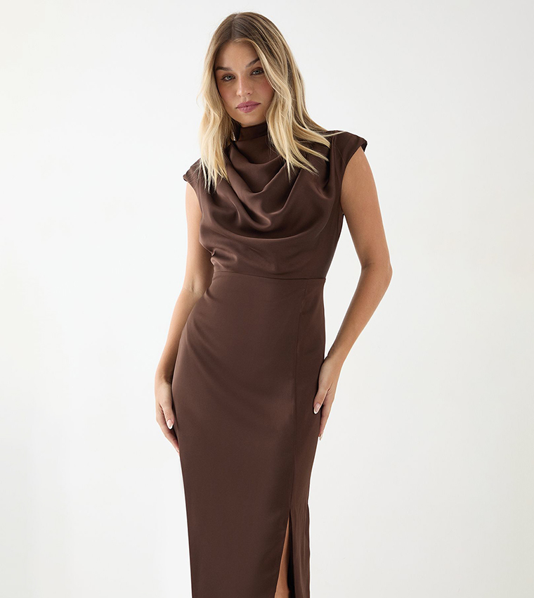 Solid Drape Neck Detail Midi Dress
