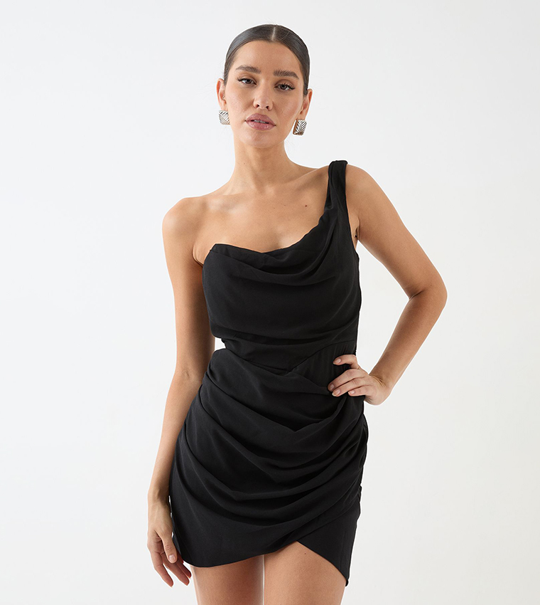 One Shoulder Drape Satin Mini Dress