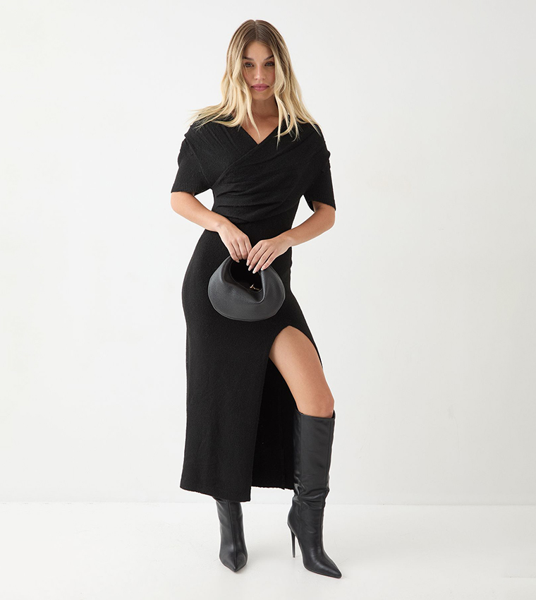 Knitted Wrap Front Split Hem Maxi Dress