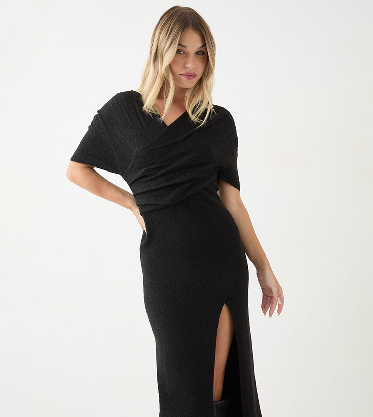 Knitted Wrap Front Split Hem Maxi Dress