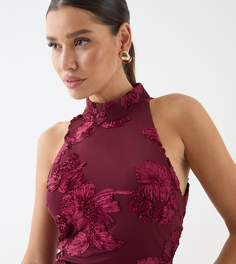 Textured Floral High Neck Mini Dress