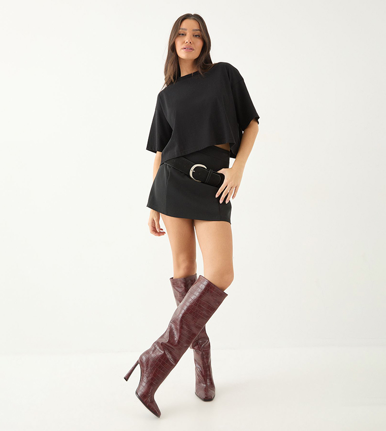 Faux Croc Leather Flared Heel Knee High Boots