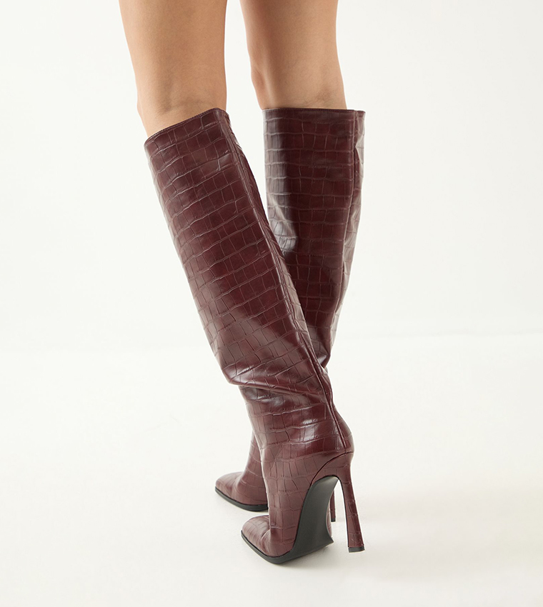 Faux Croc Leather Flared Heel Knee High Boots