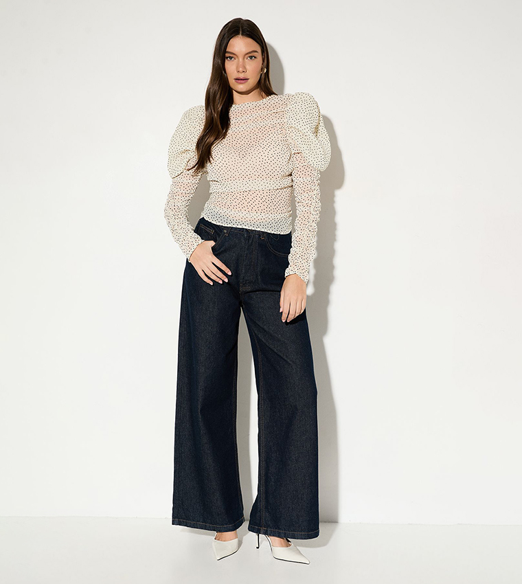 Polka Dots Puff Sleeves Shirred Top