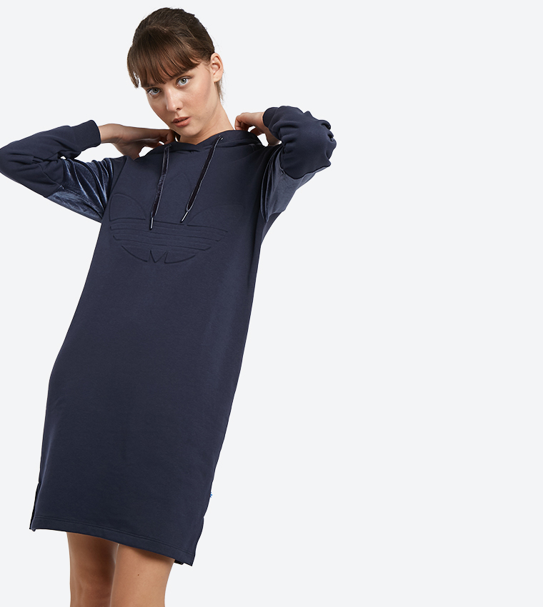 Buy Adidas Long Sleeve Trefoil Hooded Mini Dress Navy BQ7998 In
