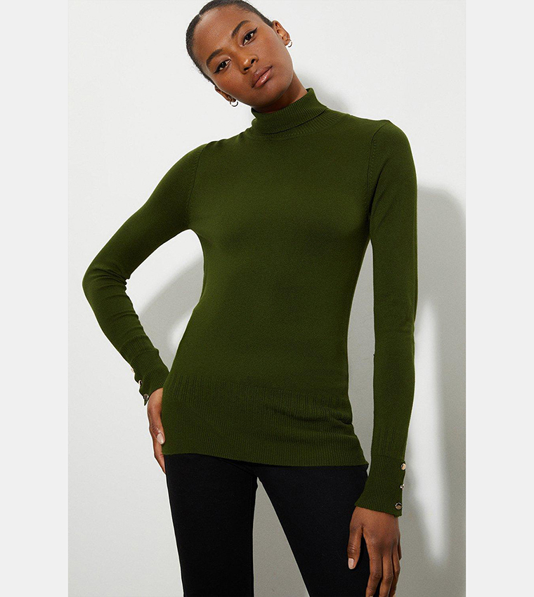 Buy Dorothy Perkins Tall Button Cuff Roll Neck Sweater In Khaki 6thStreet Bahrain