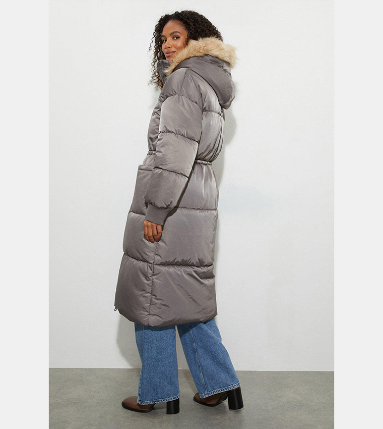 Buy Dorothy Perkins Longline Faux Fur Hood Padded Overcoat In Grey 6thStreet Oman