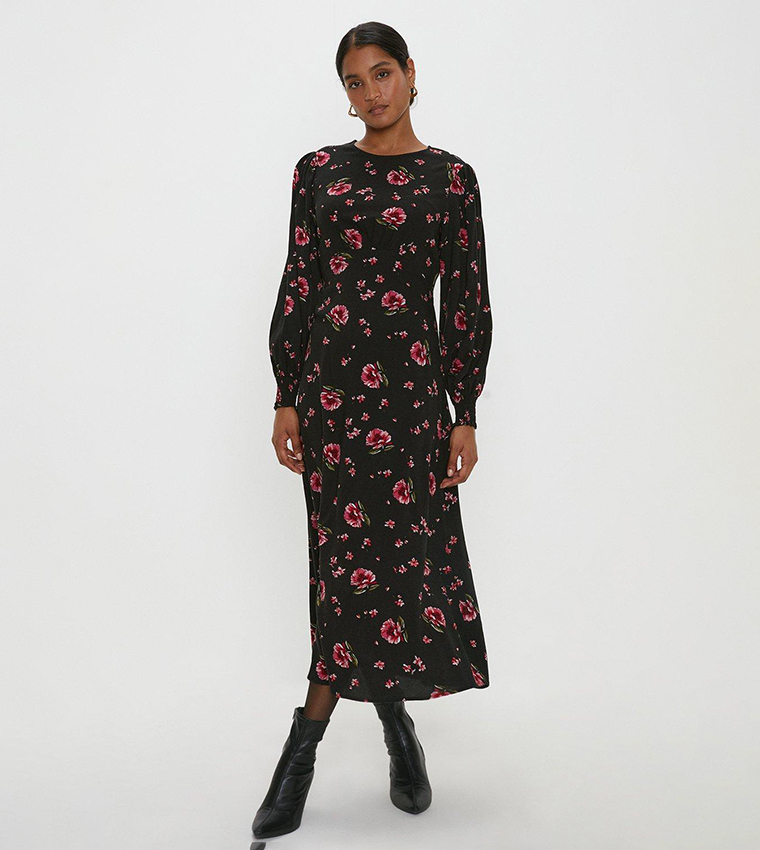 Buy Dorothy Perkins Floral Long Sleeves Shirred Cuff Midi Dress In