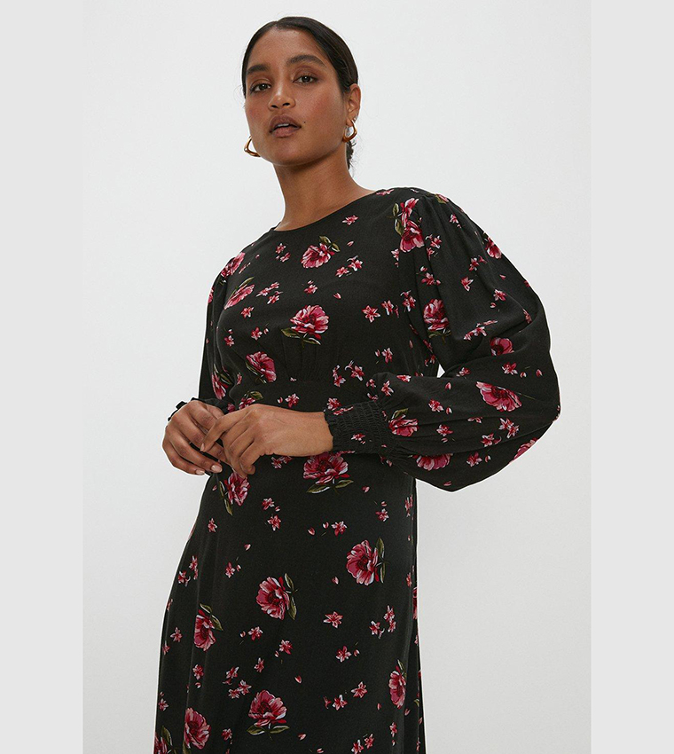Buy Dorothy Perkins Floral Long Sleeves Shirred Cuff Midi Dress In ...