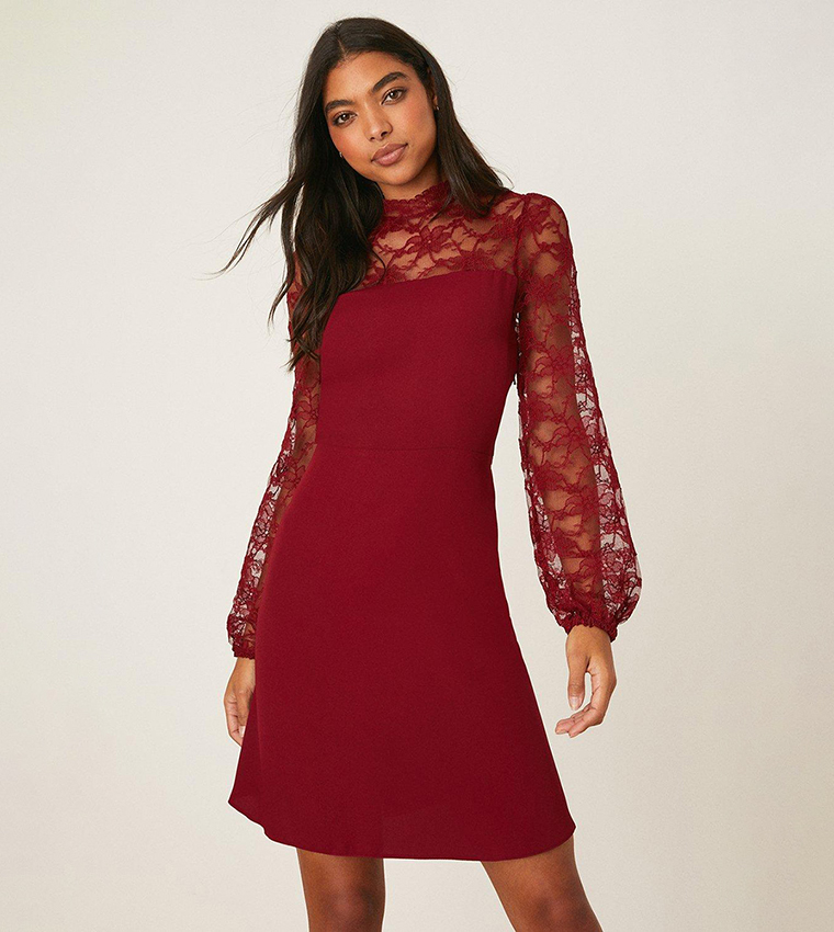 Buy Dorothy Perkins High Neck Lace Sleeves Mini Dress In Red 6thStreet Bahrain