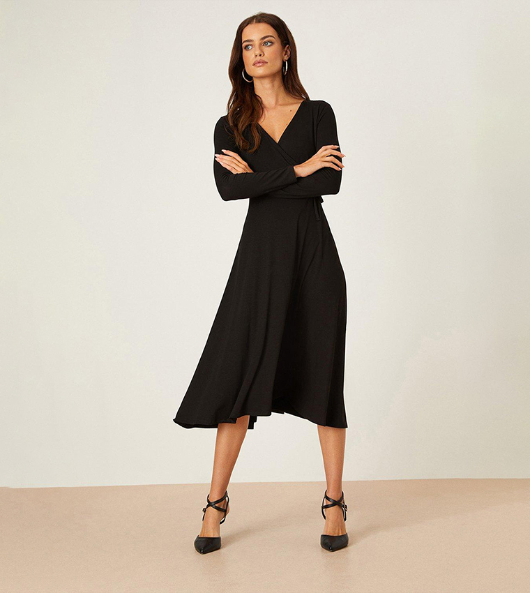 Buy Dorothy Perkins Black Long Sleeves Wrap Midi Dress In Black