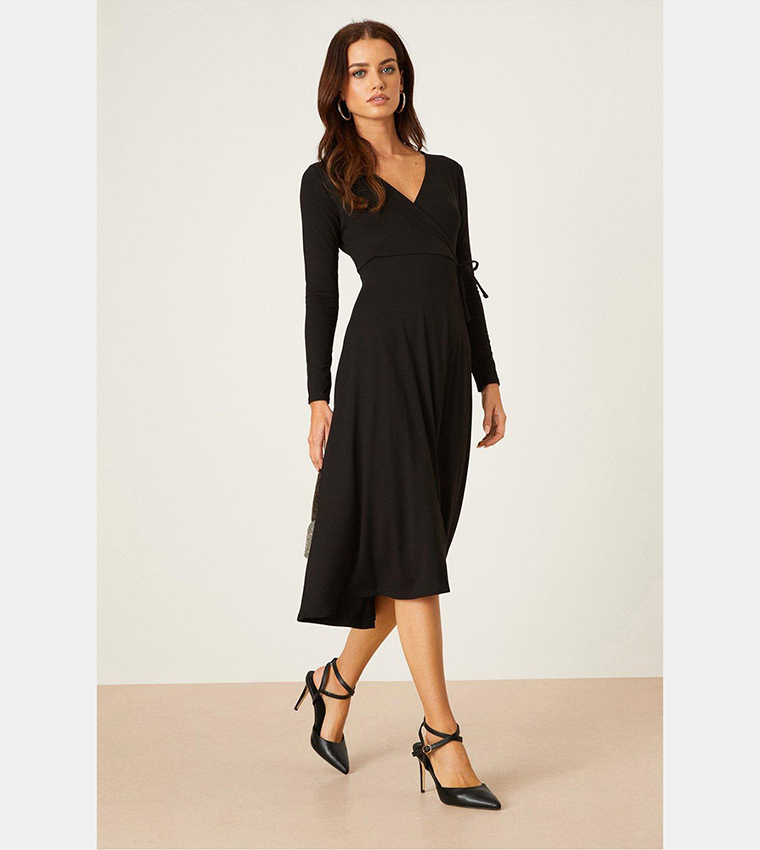 Buy Dorothy Perkins Outlet Black Long Sleeves Wrap Midi Dress In Black 6thStreet Kuwait