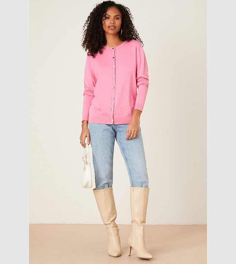 Buy Dorothy Perkins Button Through Crew Neck Knitted Cardigan In Pink 6thStreet Oman