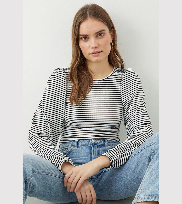 Buy Dorothy Perkins Stripe Crew Neck Long Sleeves Top In White